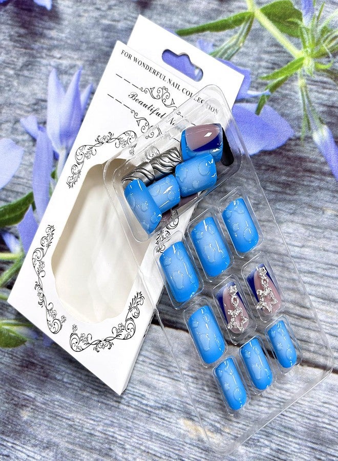 CJDLTS 3D Press On Nails - Short Square Metal Stars Chain Design False Nails - Full Cover Blue Smudge Artificial Acrylic Coffin Nails - Reusable Glue On DIY Stick On Nails for Women - 24 Pcs - Image 4